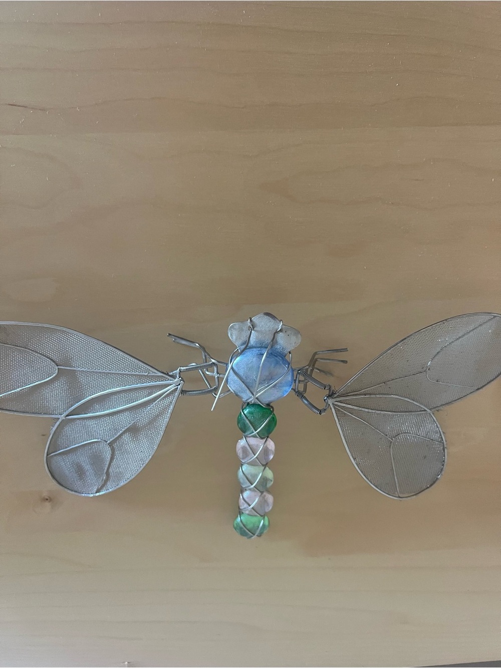 Decorative Metal Dragonfly Sculpture with Blue & Green Beads